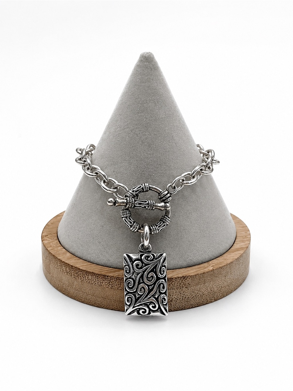 Byzantine-style Silver Tone Bracelet with Decorative Scrollwork Pendant